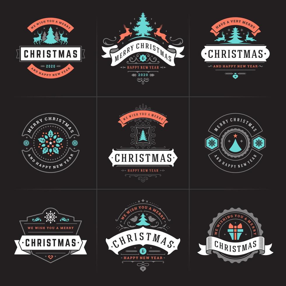 Merry christmas ornate labels and badges set, happy new year and holidays wishes typography for greeting cards vector