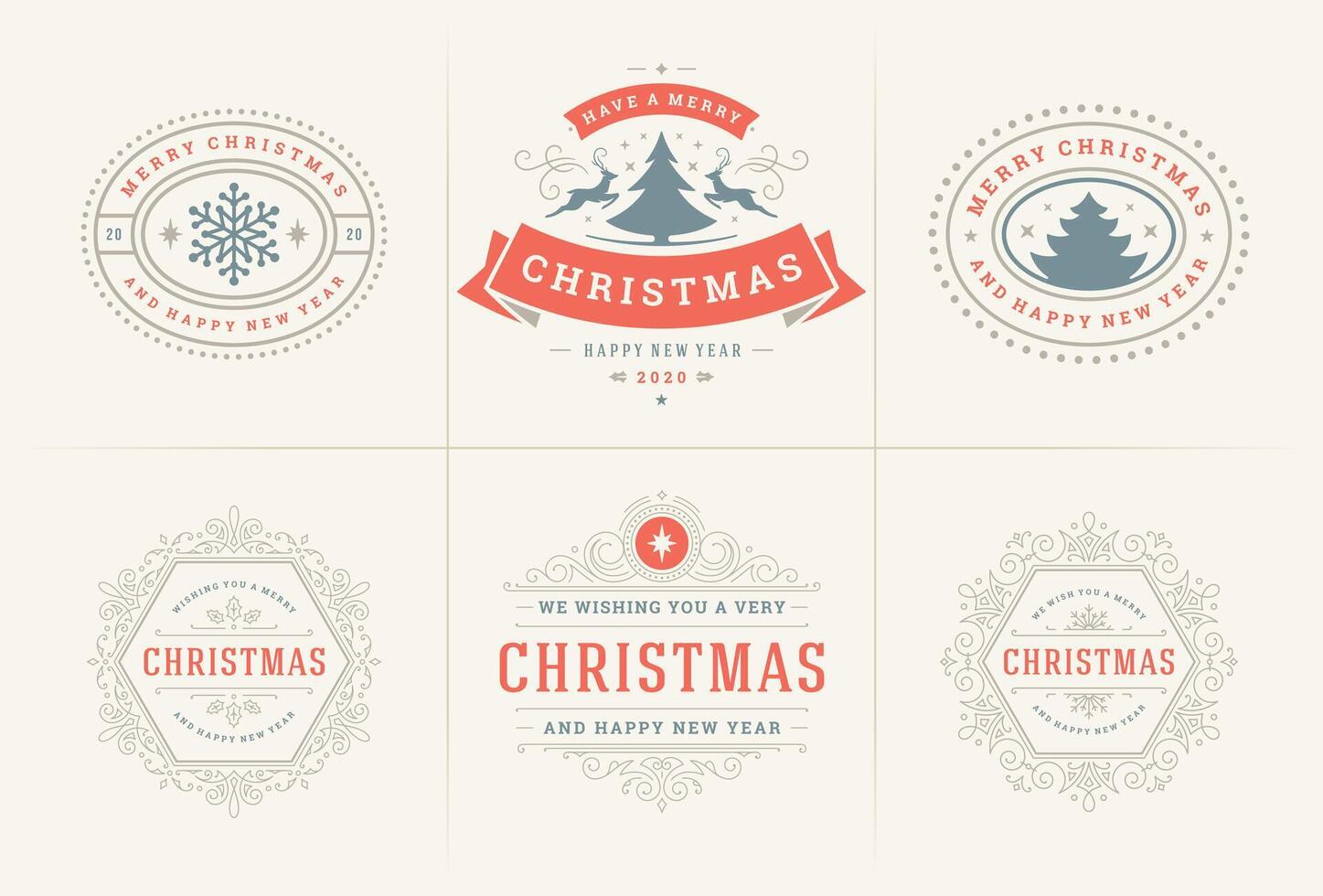 Christmas ornate labels and badges set, happy new year and winter holidays wishes typography for greeting cards vector