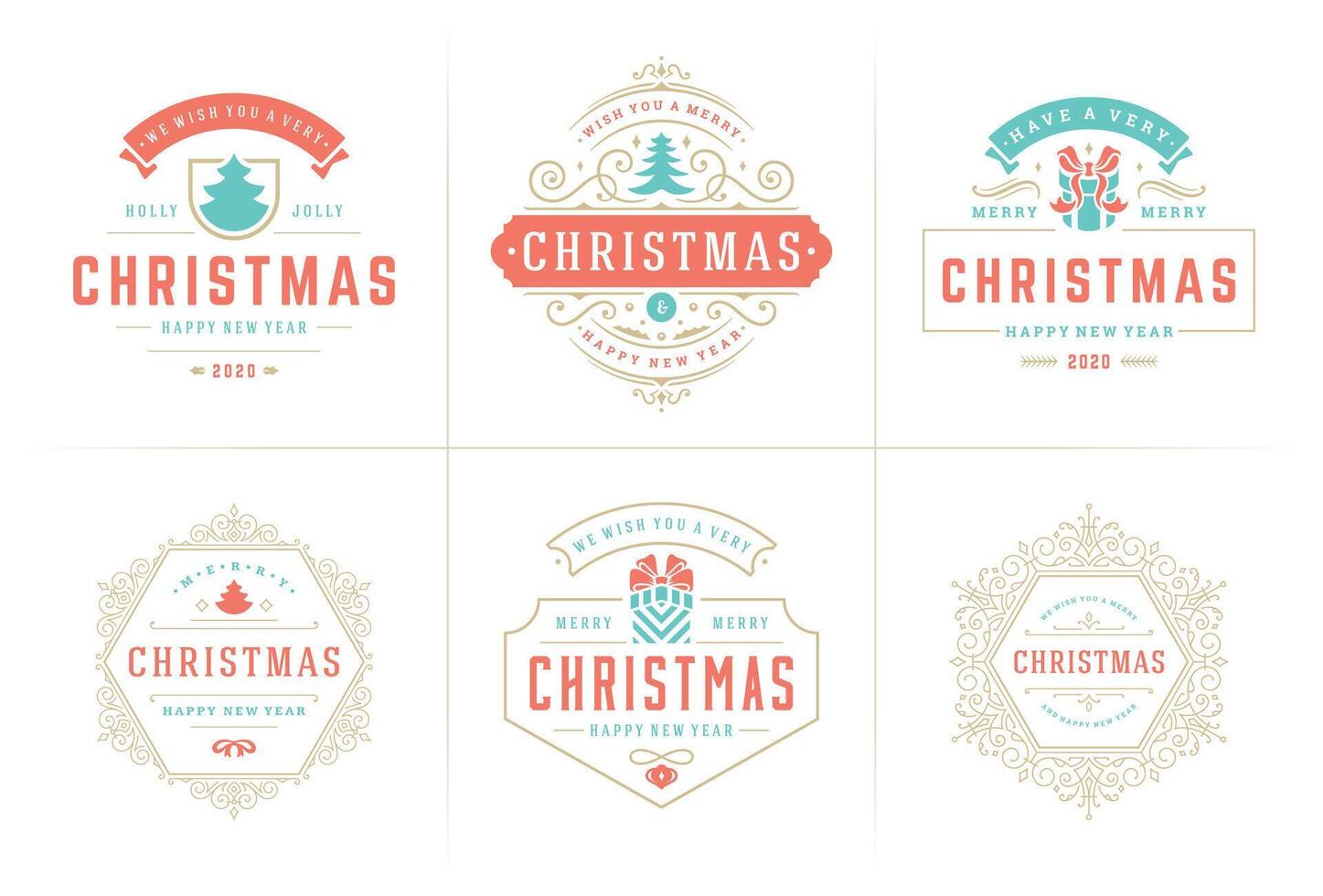 Christmas ornate labels and badges set with happy new year holidays wishes typography for greeting cards vector