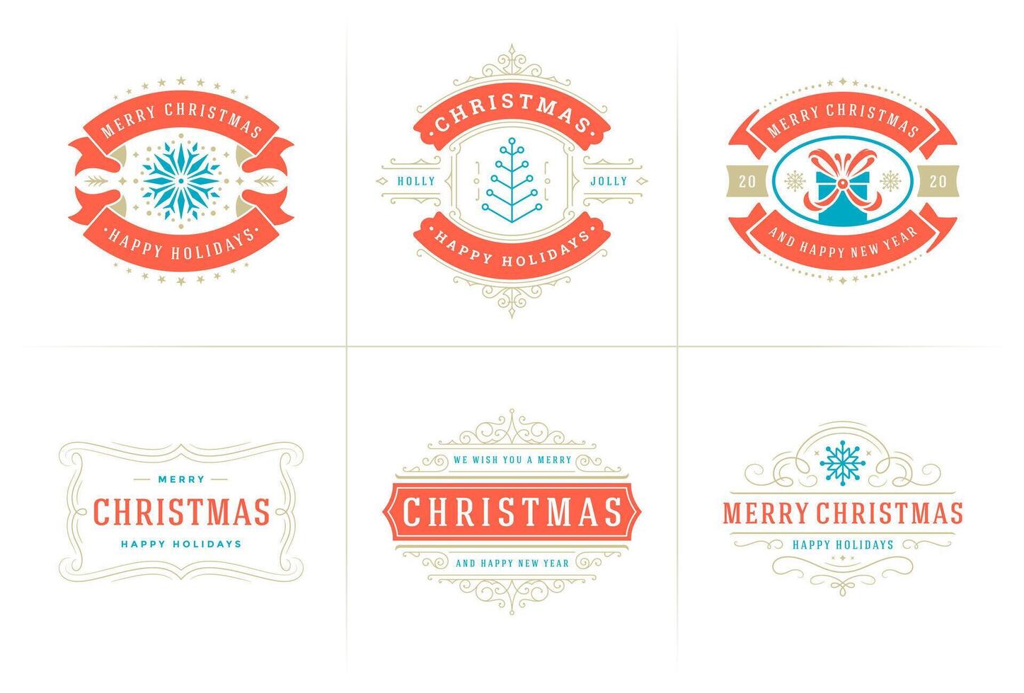 Christmas typography ornate labels and badges, happy new year and winter holidays wishes for greeting card vector