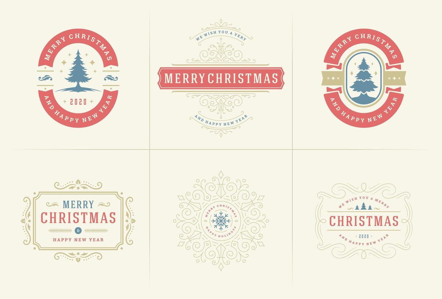Christmas ornate labels and badges set with happy new year holidays wishes typography for greeting cards vector