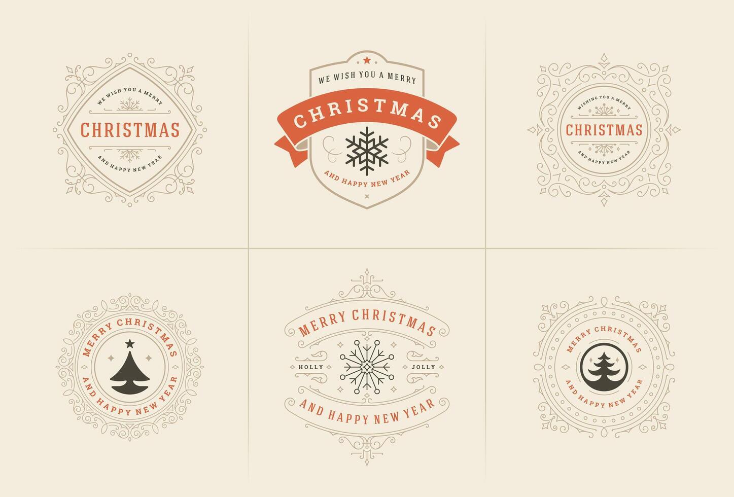 Christmas typography ornate labels and badges, happy new year and winter holidays wishes for greeting card vector