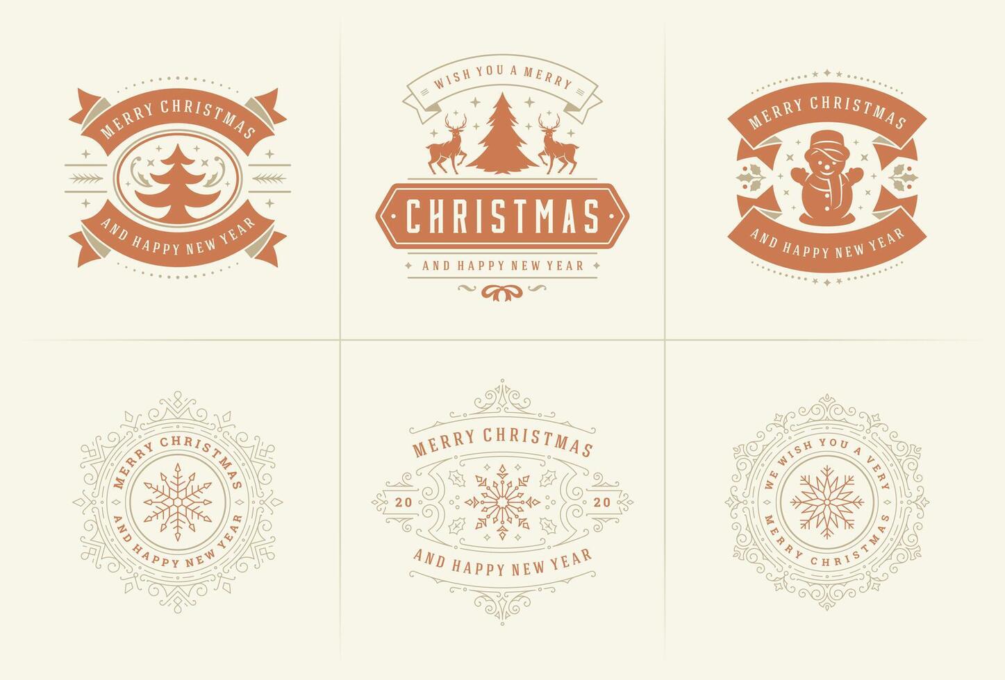 Christmas ornate labels and badges set with happy new year holidays wishes typography for greeting cards vector