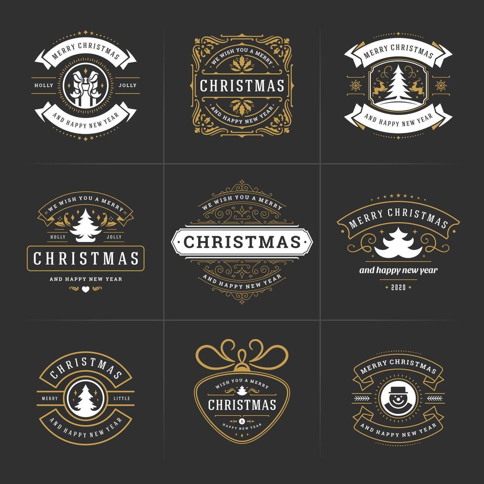 Christmas ornate labels and badges set, happy new year and winter holidays wishes typography for greeting cards vector
