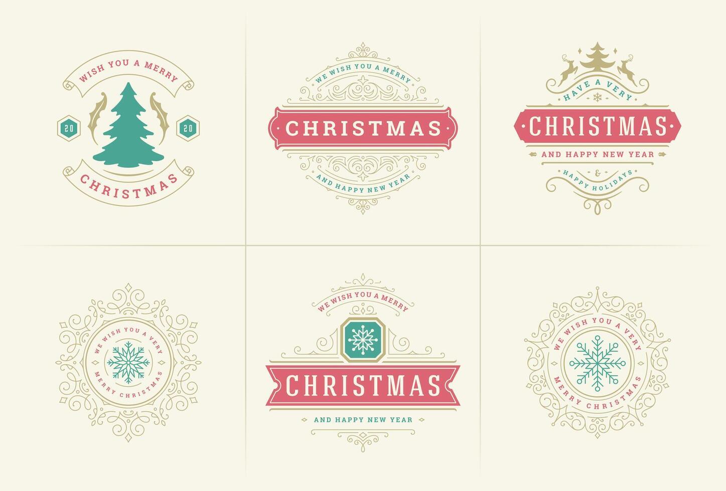 Christmas typography ornate labels and badges, happy new year and winter holidays wishes illustration vector