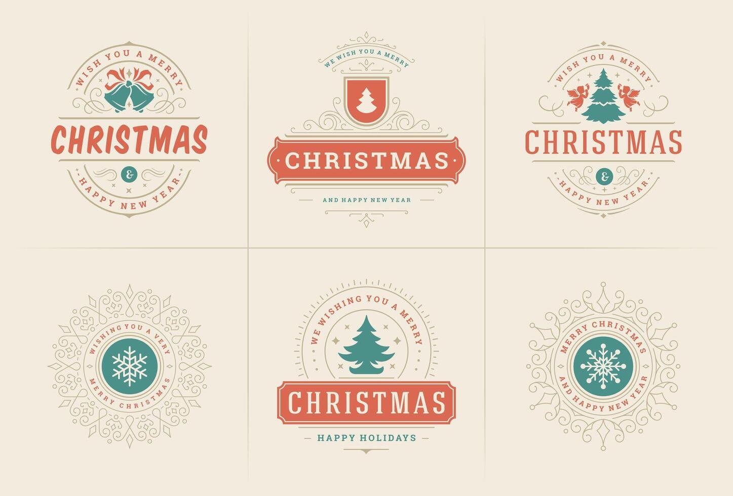 Christmas ornate labels and badges set, happy new year and winter holidays wishes typography for greeting cards vector