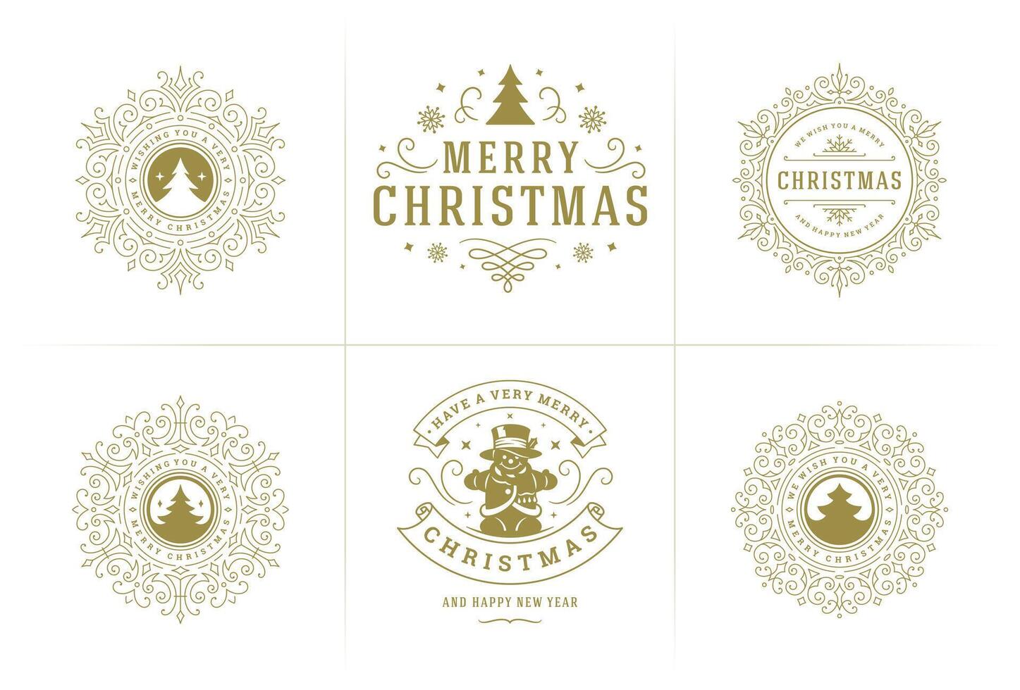 Christmas ornate labels and badges set, happy new year and winter holidays wishes typography for greeting cards vector