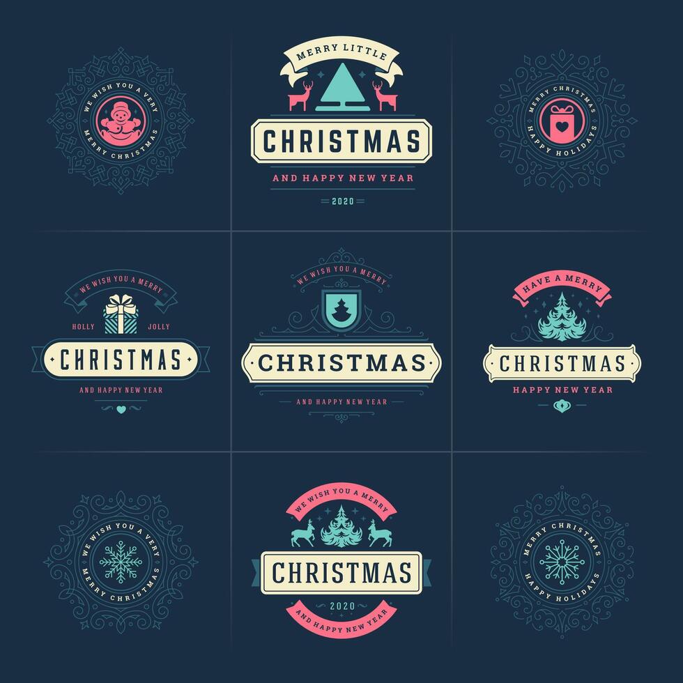 Christmas ornate labels and badges set with happy new year holidays wishes typography for greeting cards vector