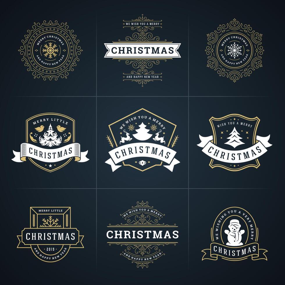 Christmas ornate labels and badges set, happy new year and winter holidays wishes typography for greeting cards vector