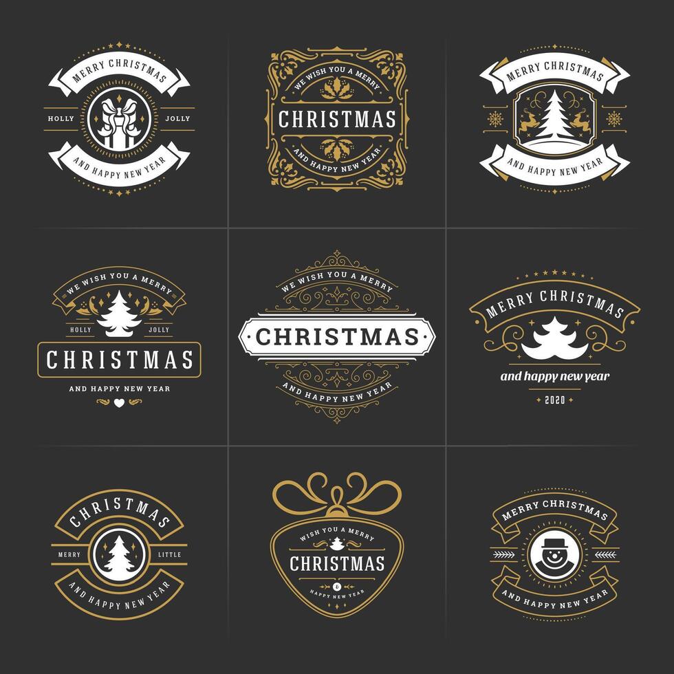 Christmas ornate labels and badges set, happy new year and winter holidays wishes typography for greeting cards vector