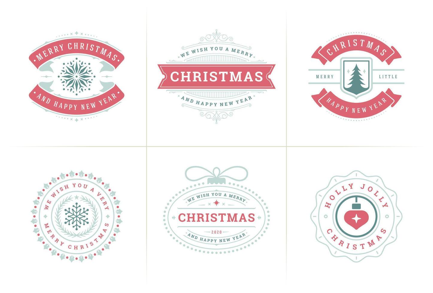 Christmas typography ornate labels and badges, happy new year and winter holidays wishes illustration vector
