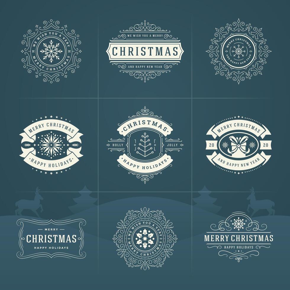 Christmas ornate labels and badges set, happy new year and winter holidays wishes typography for greeting cards vector