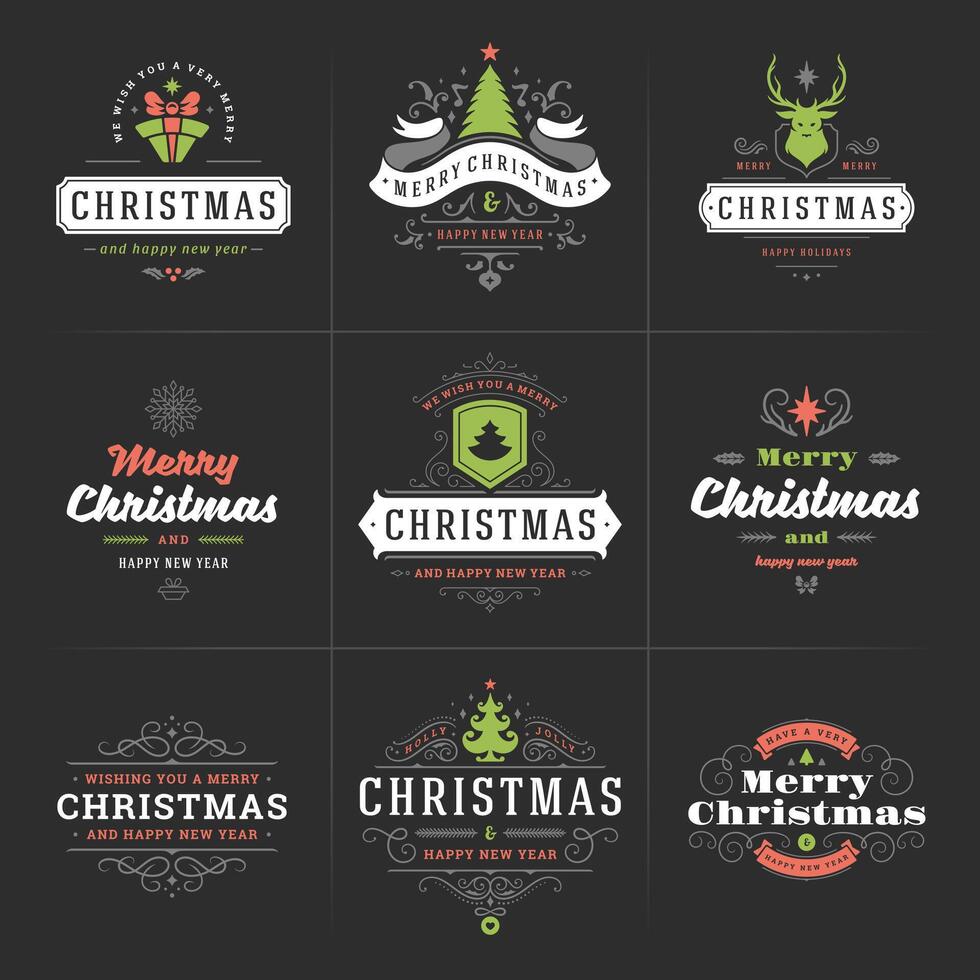 Merry Christmas ornate labels and badges set, happy new year and holidays wishes typography for greeting cards vector