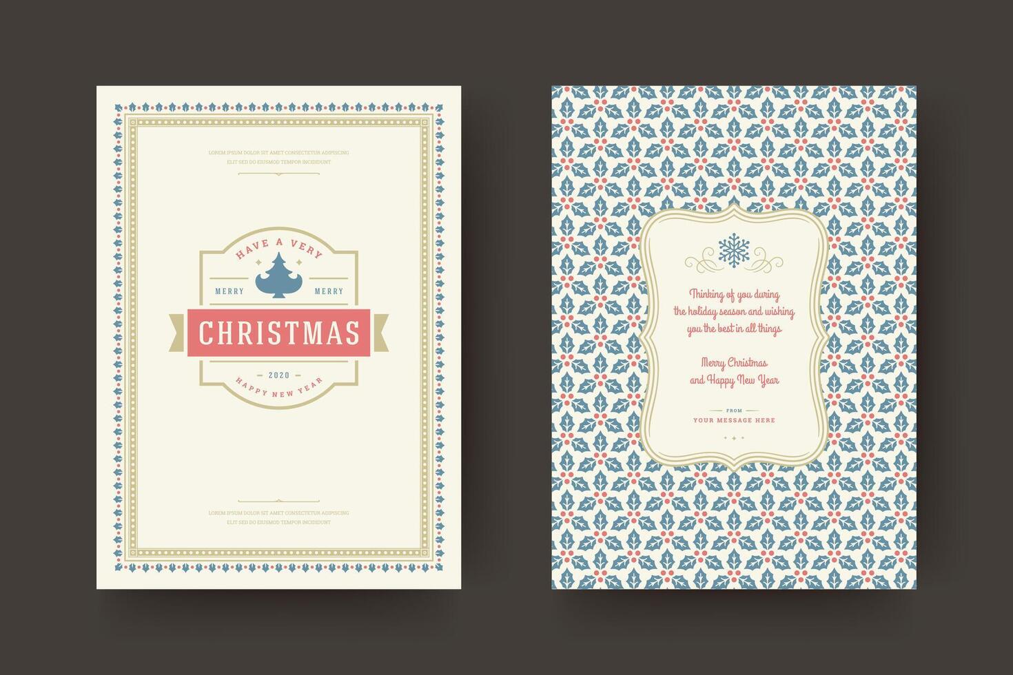 Christmas greeting card vintage design, ornate decorations with winter holidays wish, ornament and frame vector