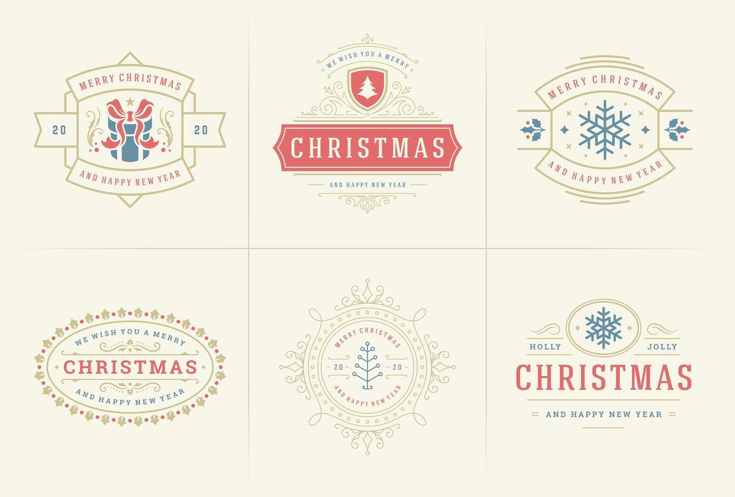 Christmas ornate labels and badges set, happy new year and winter holidays wishes typography for greeting cards vector