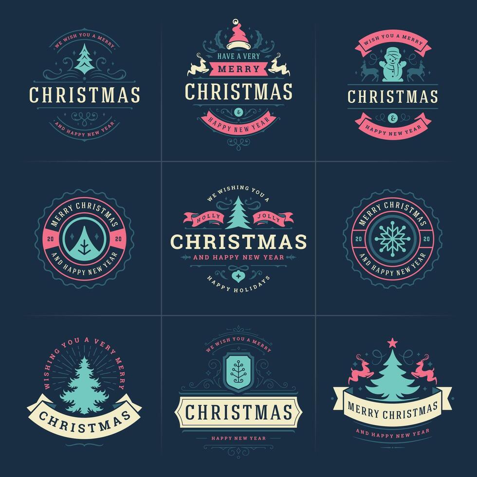 Merry Christmas ornate labels and badges set, happy new year and holidays wishes typography for greeting cards vector
