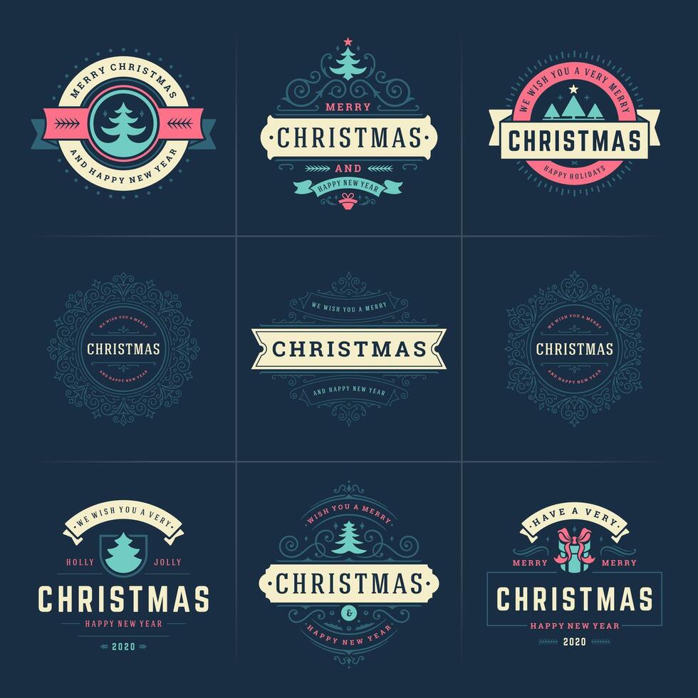 Merry Christmas ornate labels and badges set happy new year and holidays wishes vector