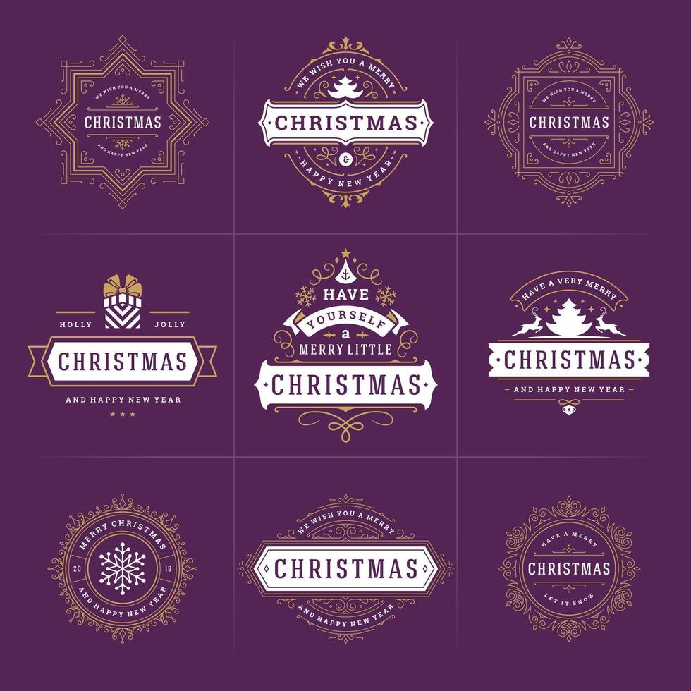 Christmas ornate labels and badges set, happy new year and winter holidays wishes typography for greeting cards vector