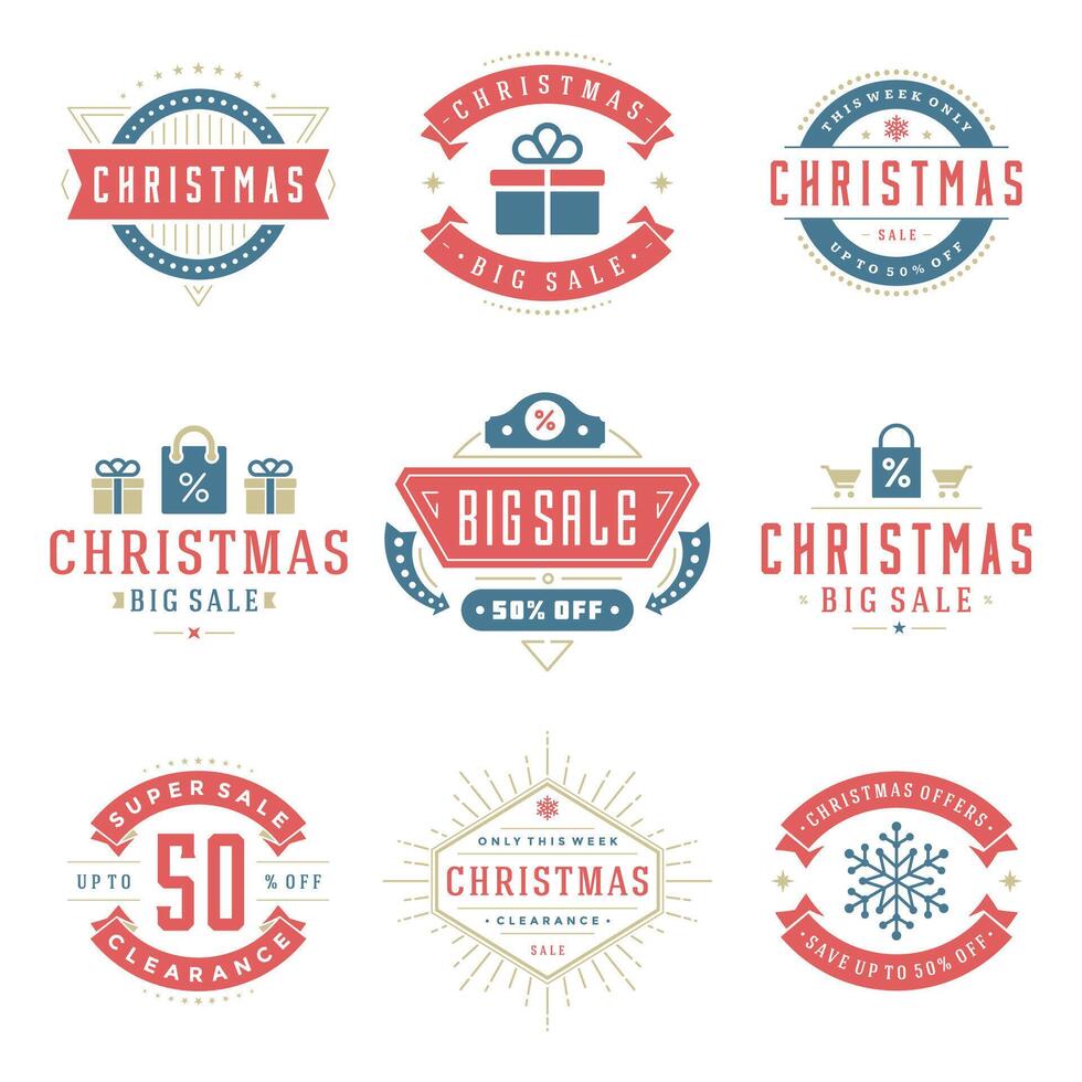 Christmas sale labels and badges with text typographic decoration design vintage style set vector