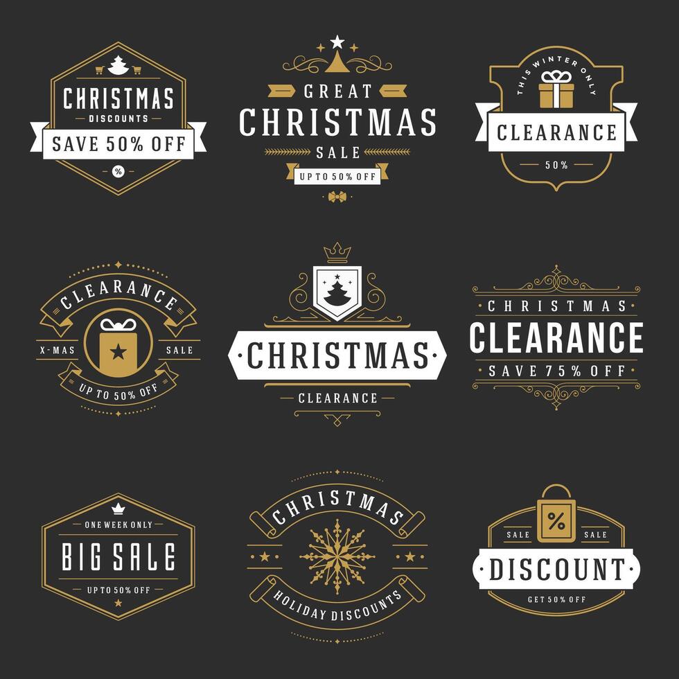 Christmas sale labels and badges with text typographic decoration design vintage style set vector