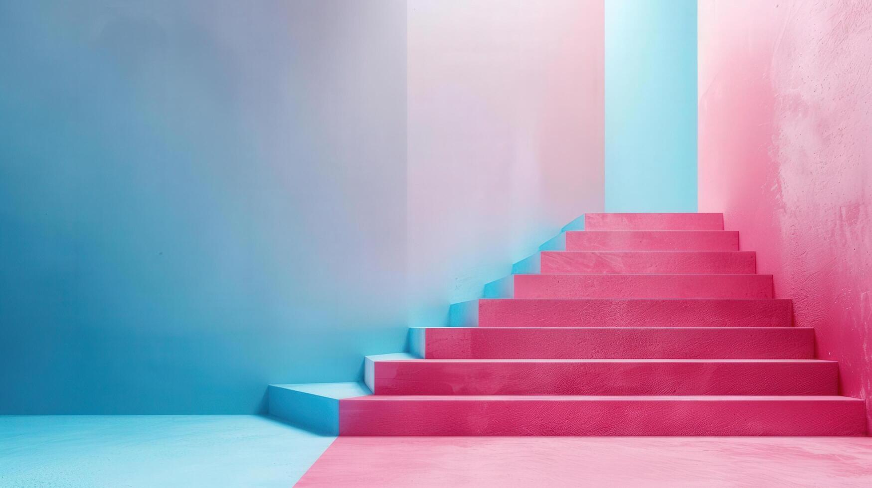 Vibrant staircase with pink and blue hues, symbolizing creativity and modern design in a minimalistic space. photo