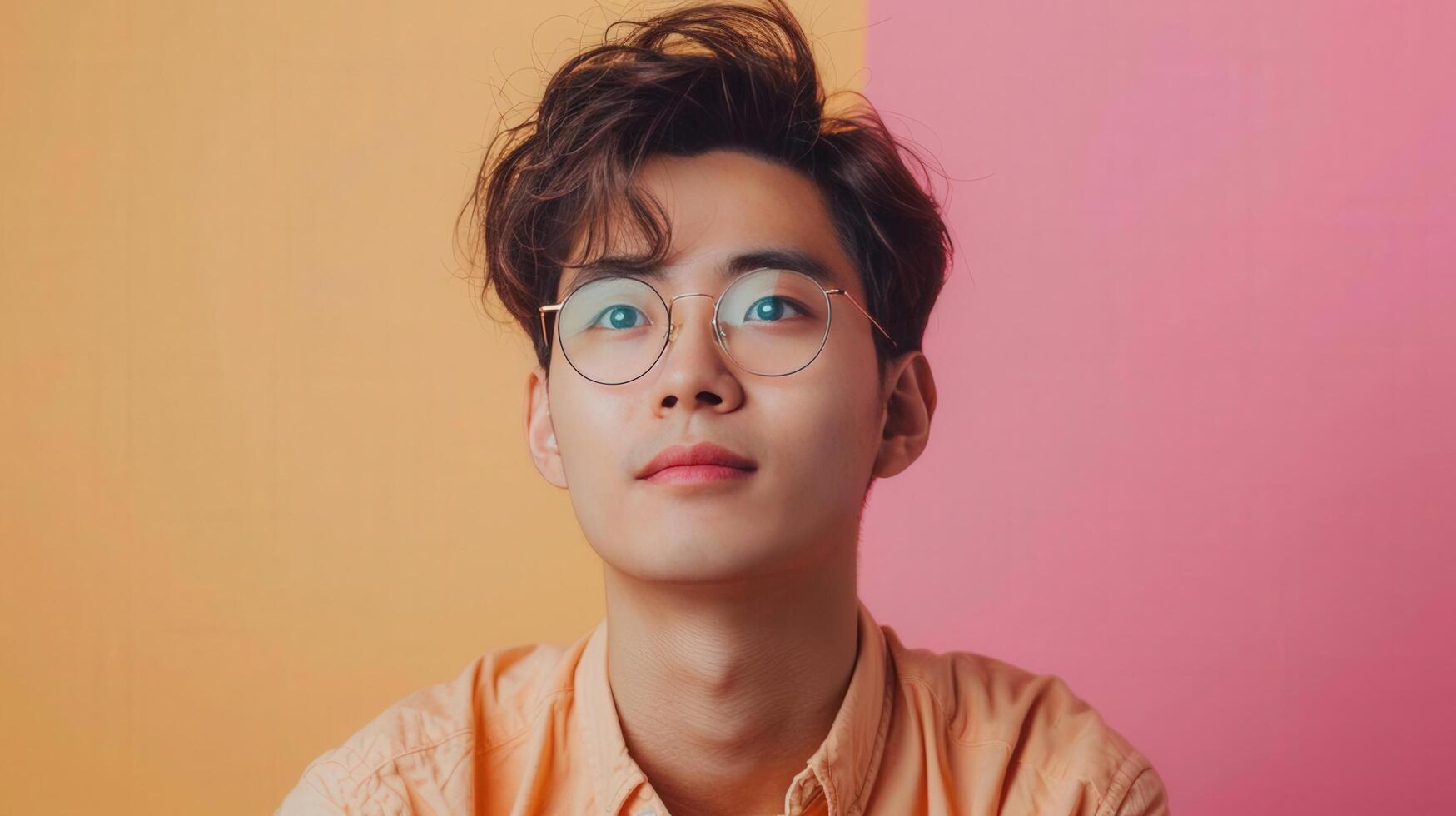 A young man with glasses poses thoughtfully against a colorful background, showcasing a modern and stylish look. photo