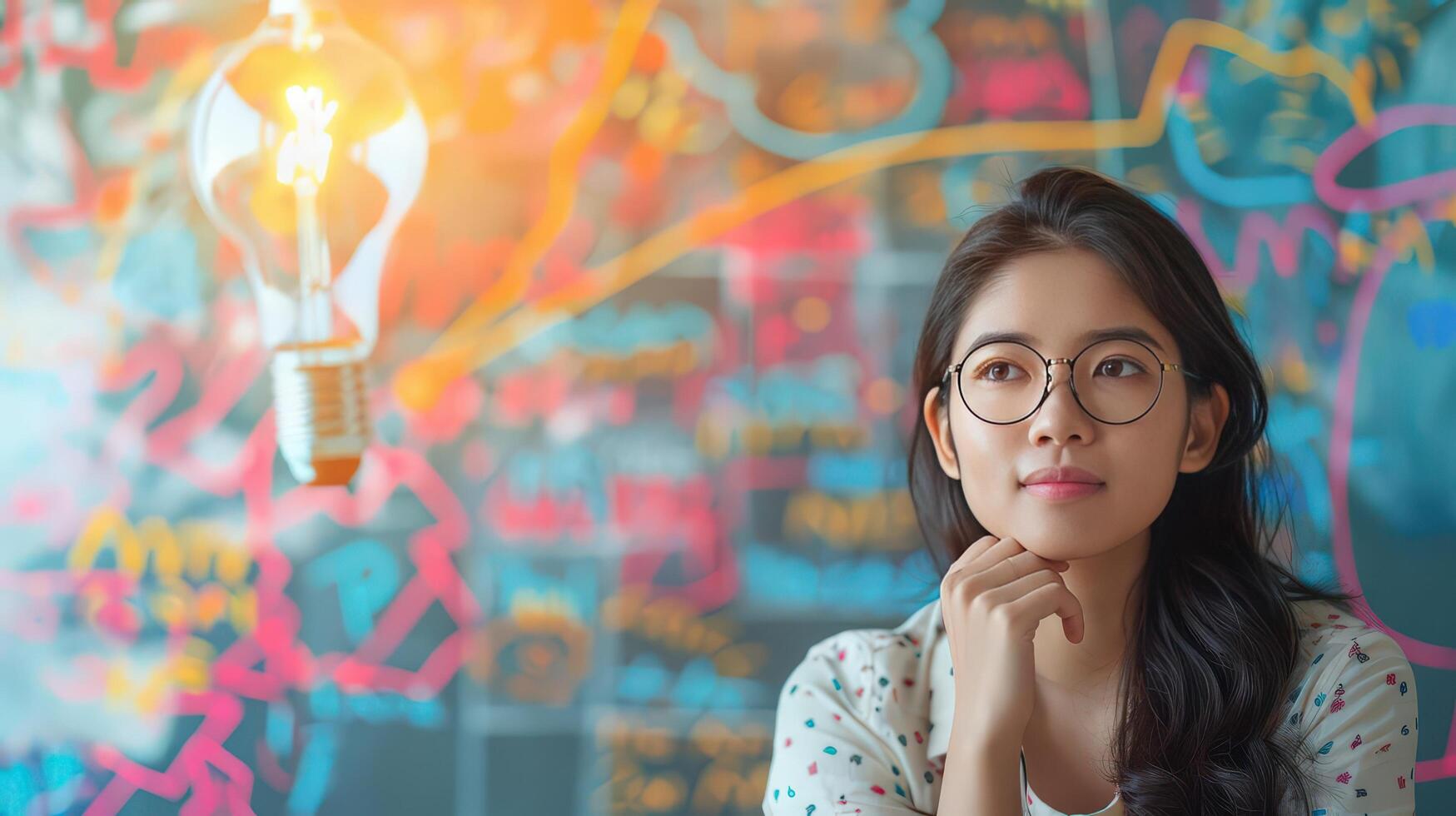 Asian Entrepreneur pitching a startup concept to investors, right-aligned, pastel background, high resolution, photo