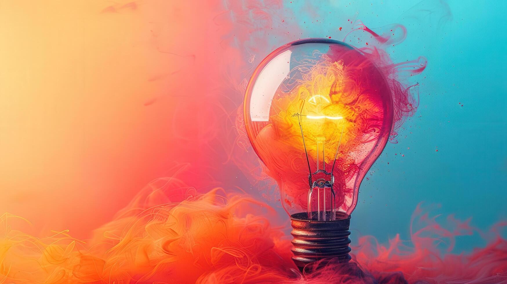 A vivid light bulb surrounded by colorful smoke, symbolizing creativity and inspiration in a modern art context. photo