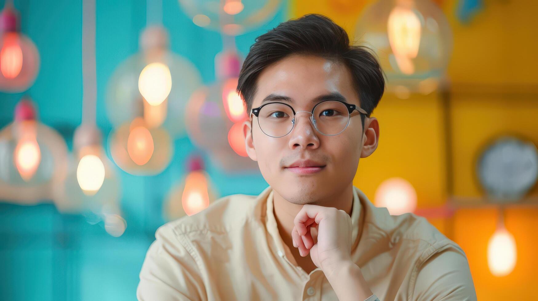 Thoughtful young man in glasses poses confidently against a colorful backdrop with glowing lights, showcasing creativity and style. photo