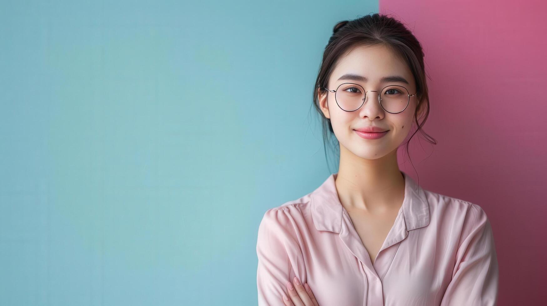 A young woman with glasses smiles confidently in a stylish pink and blue background, showcasing a modern and vibrant atmosphere. photo
