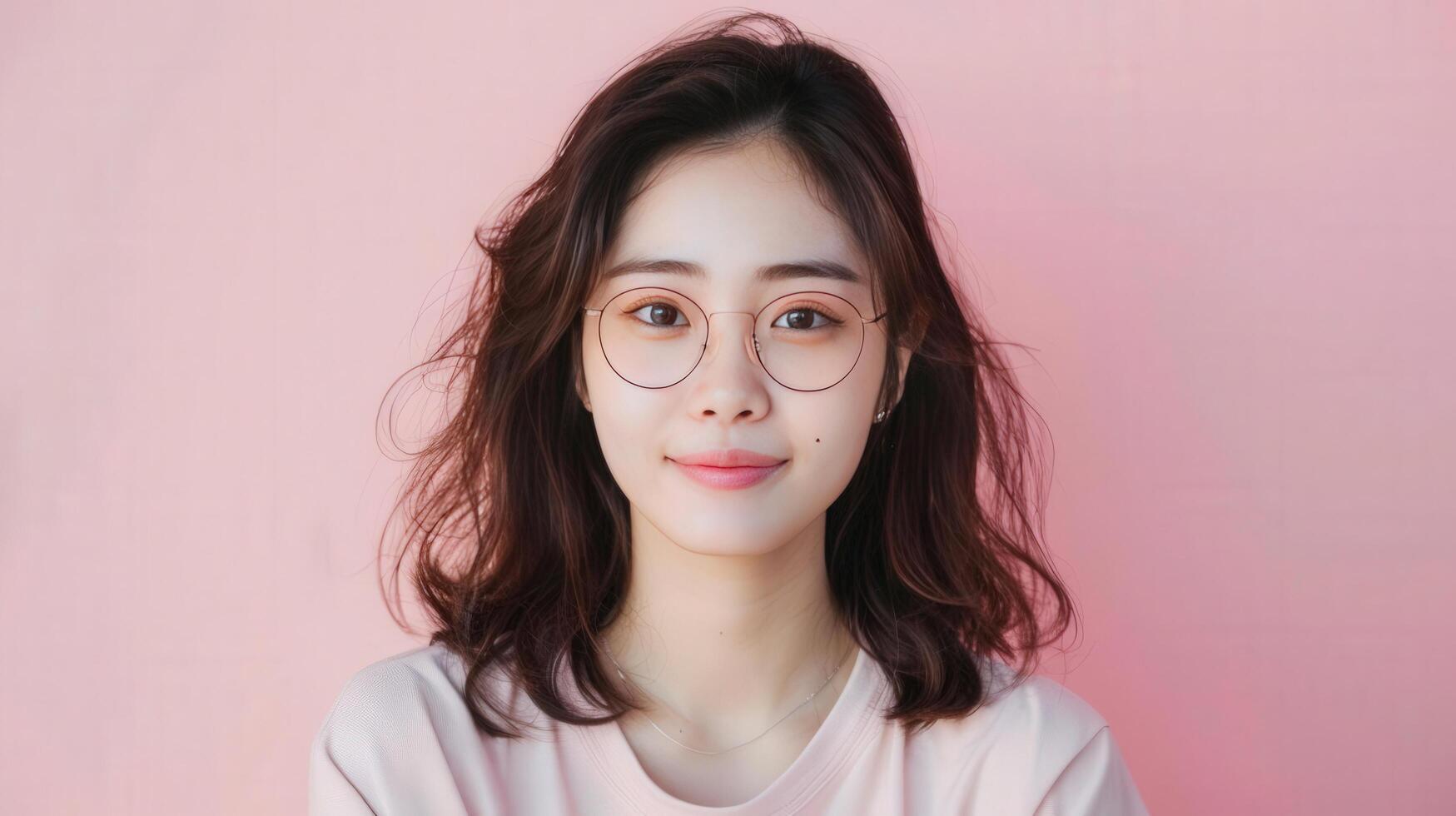 A young woman with glasses and wavy hair poses confidently against a soft pink background, exuding a friendly and approachable vibe. photo