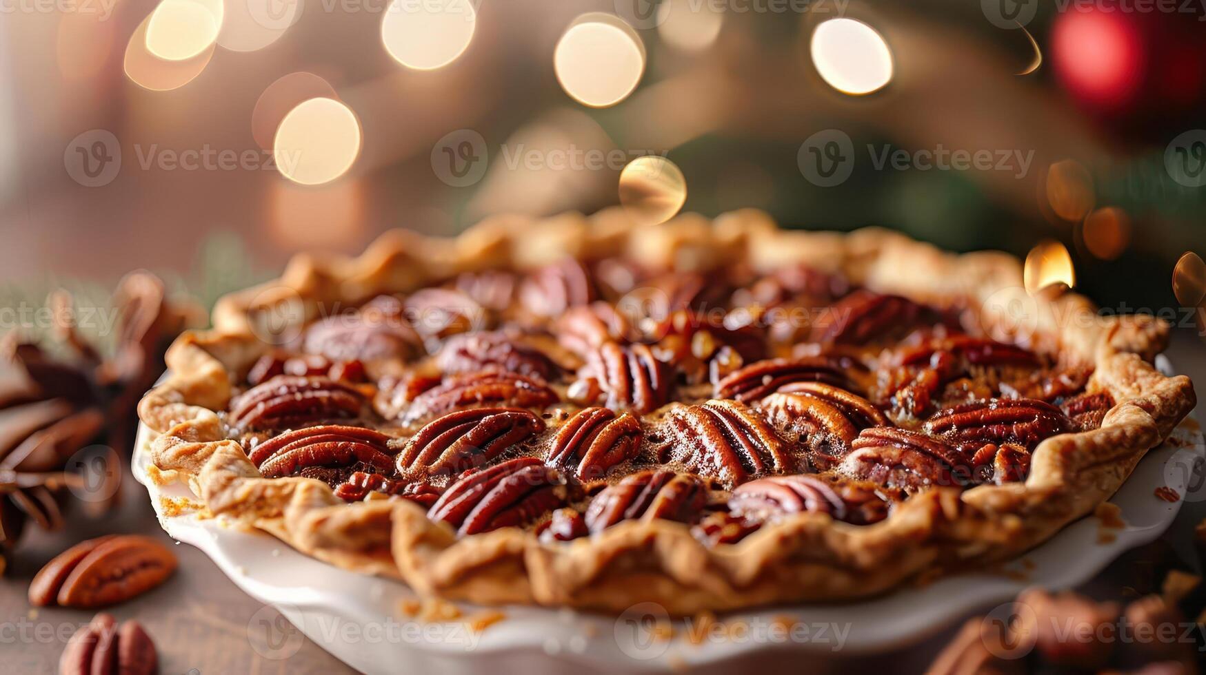 Delicious pecan pie with golden crust and rich filling, perfect for festive gatherings and cozy moments. photo
