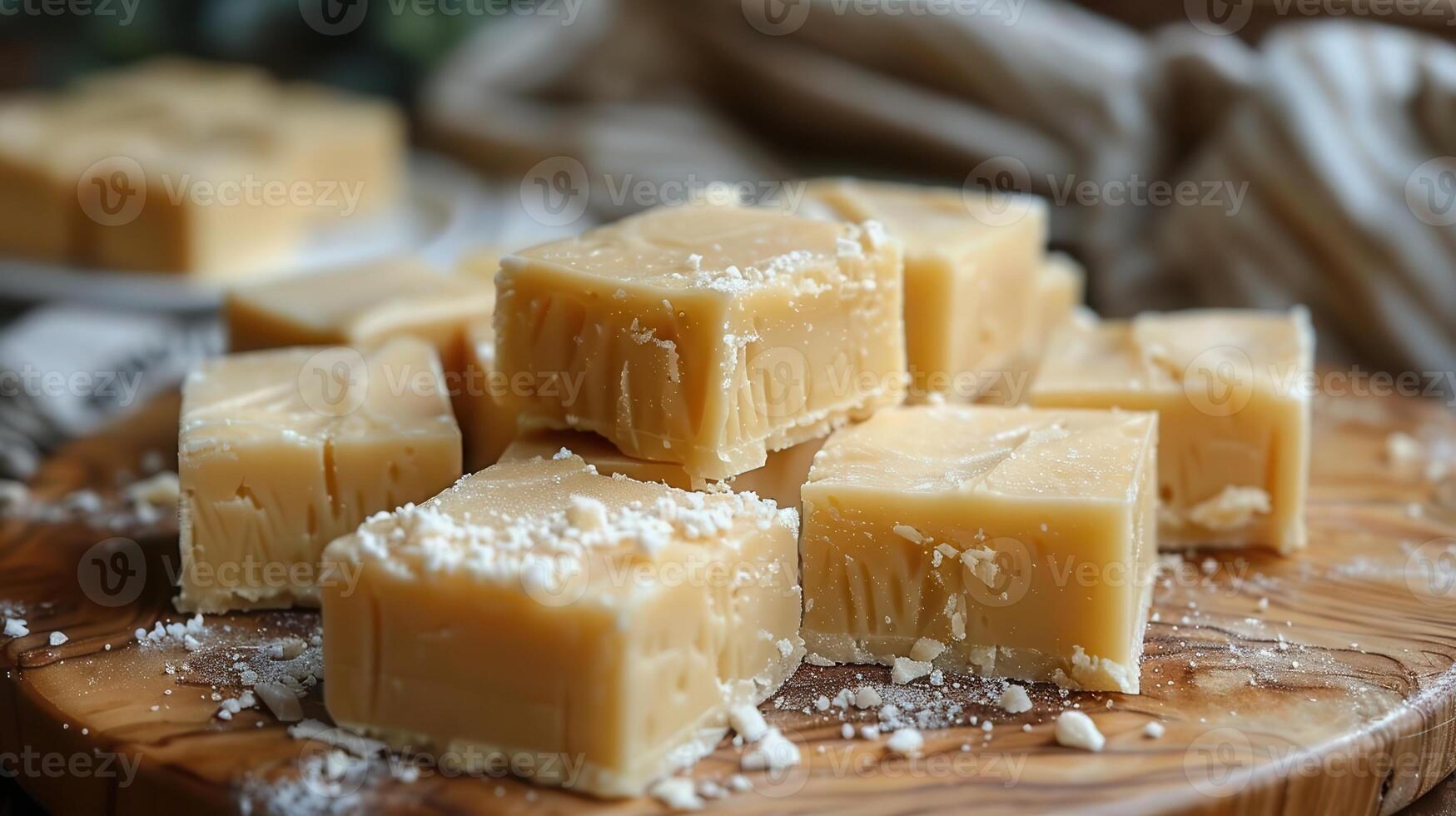 Delicious homemade fudge pieces arranged on a wooden board, perfect for sweets lovers and dessert enthusiasts. photo