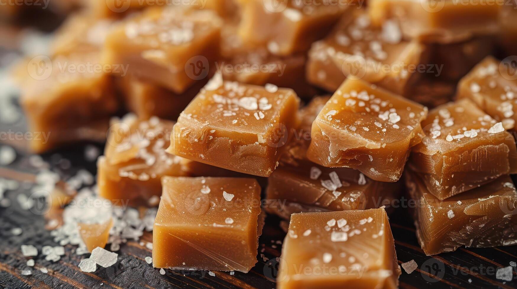 Deliciously rich caramel cubes sprinkled with coarse sea salt, perfect for sweet treats and gourmet desserts. photo