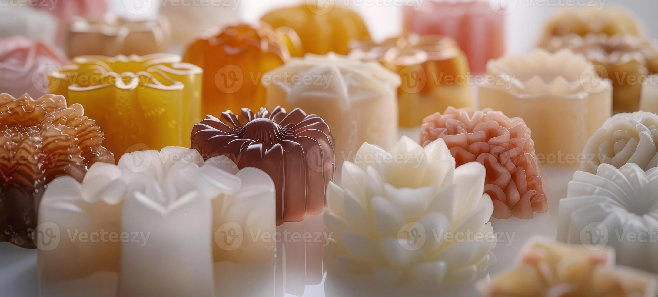 Colorful and intricately designed handmade candles displayed together in various shapes and sizes, ideal for decor or gifts. photo