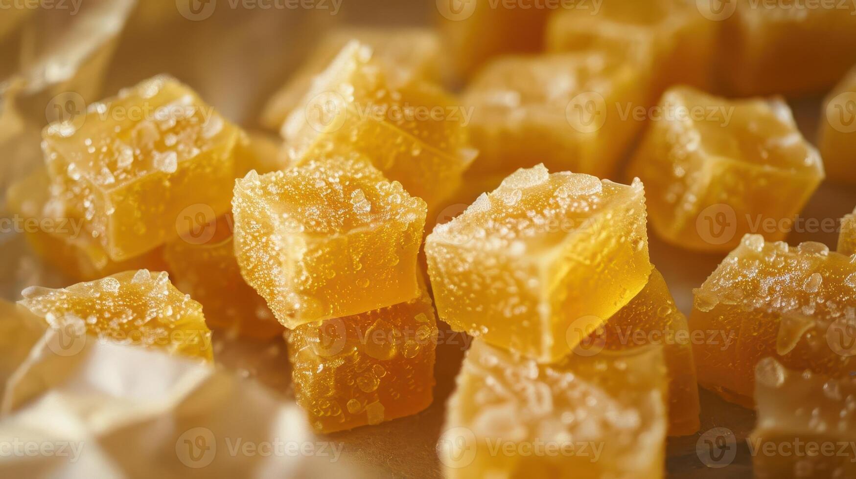Delicious yellow candy cubes sprinkled with sugar, ideal for sweets lovers and dessert enthusiasts. photo