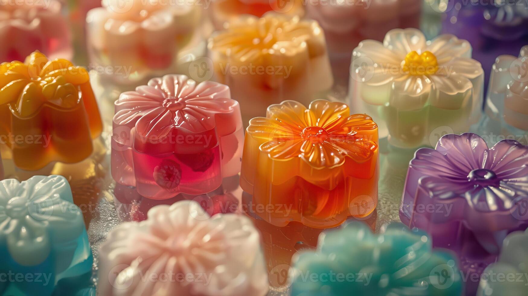 Colorful flower-shaped soaps arranged in a vibrant pattern, showcasing various shades and intricate designs. photo