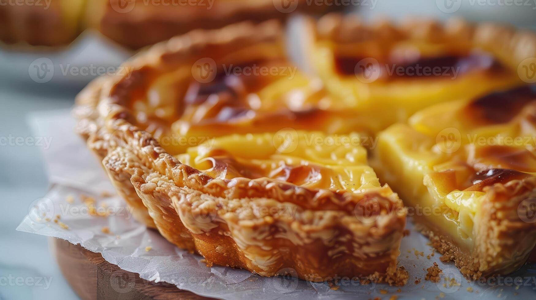 Delicious custard tart with a golden crust, showcasing a perfectly baked slice ready to be enjoyed. photo