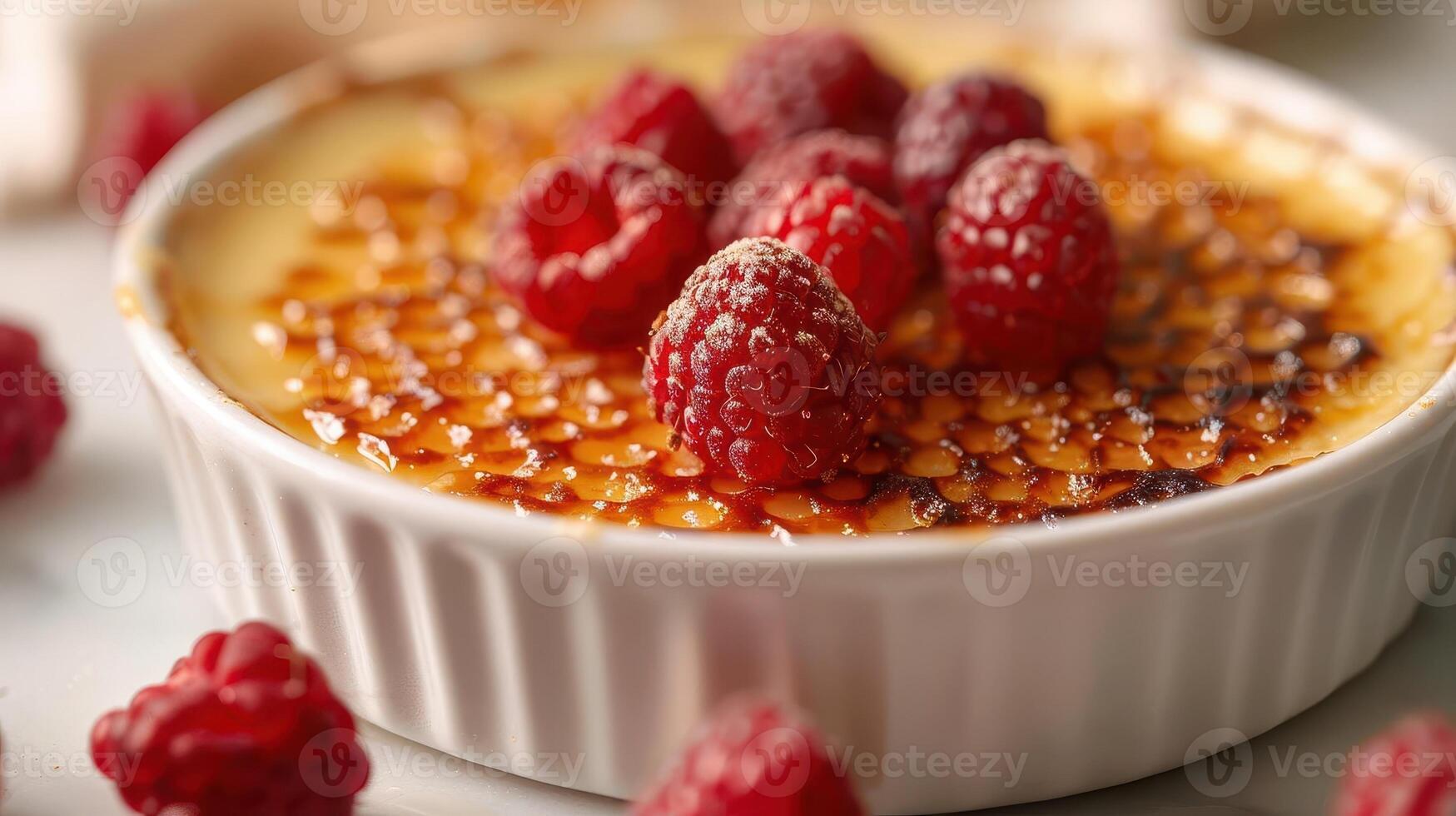 Delicious creme brulee topped with fresh raspberries, featuring a caramelized sugar crust and creamy vanilla texture. photo