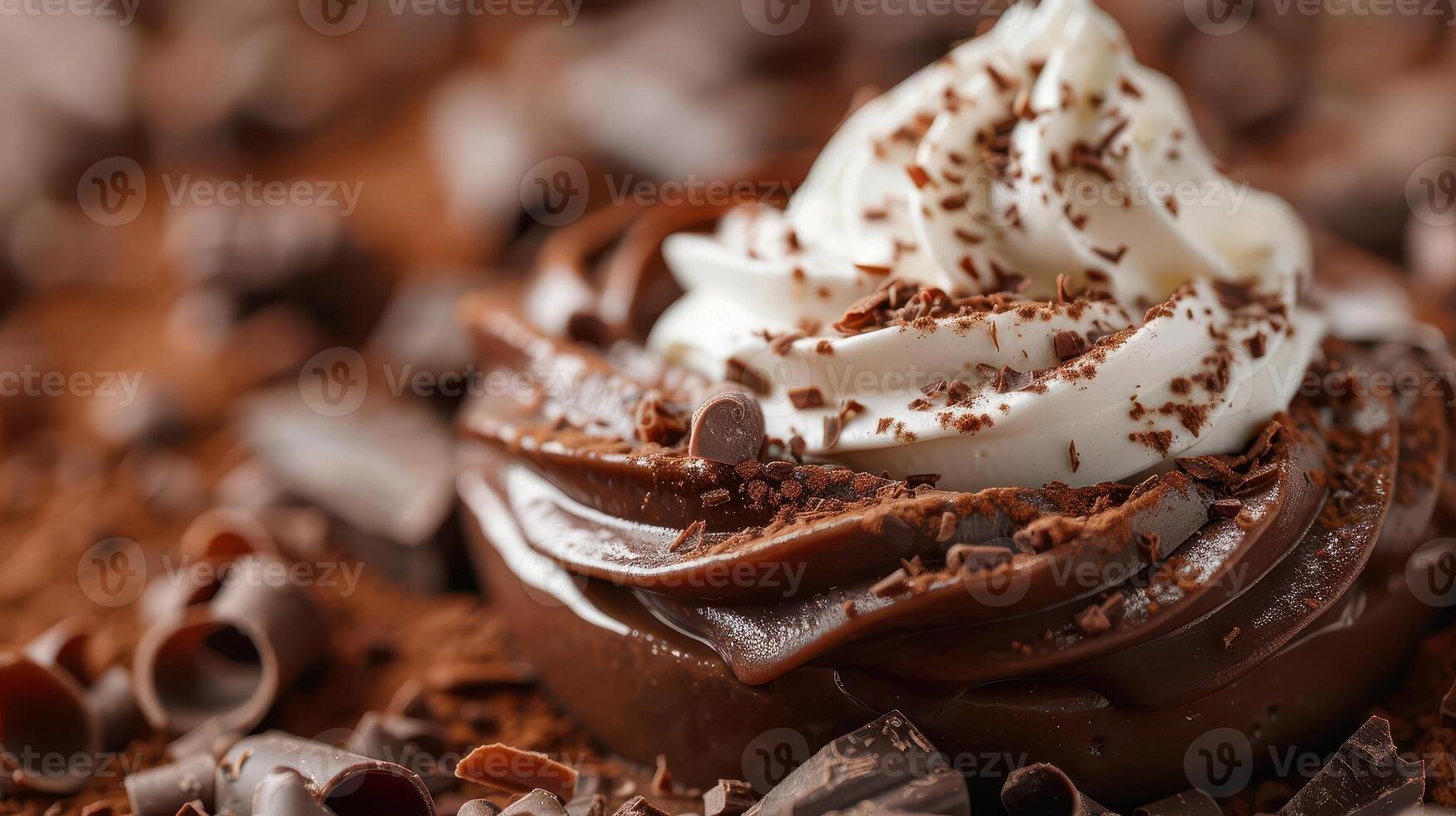 Delicious chocolate dessert topped with whipped cream and chocolate shavings, perfect for any sweet tooth craving. photo