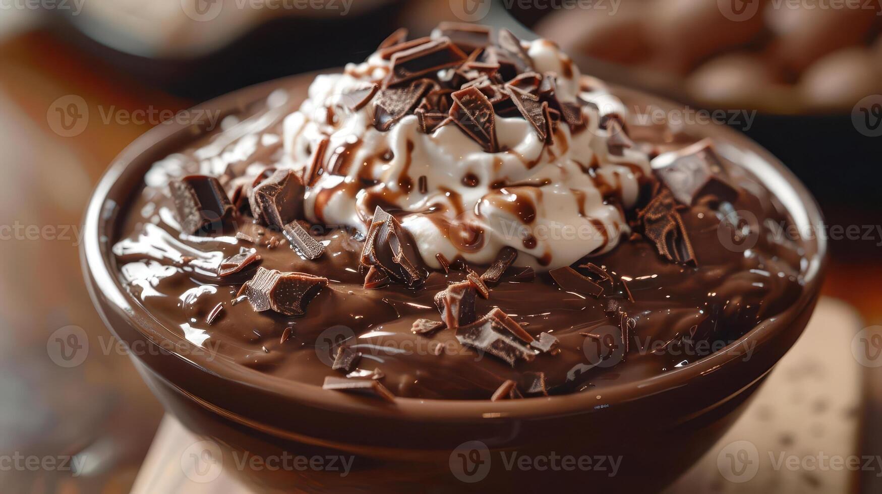 Delicious chocolate mousse topped with whipped cream and chocolate shavings. A tempting dessert for chocolate lovers. photo