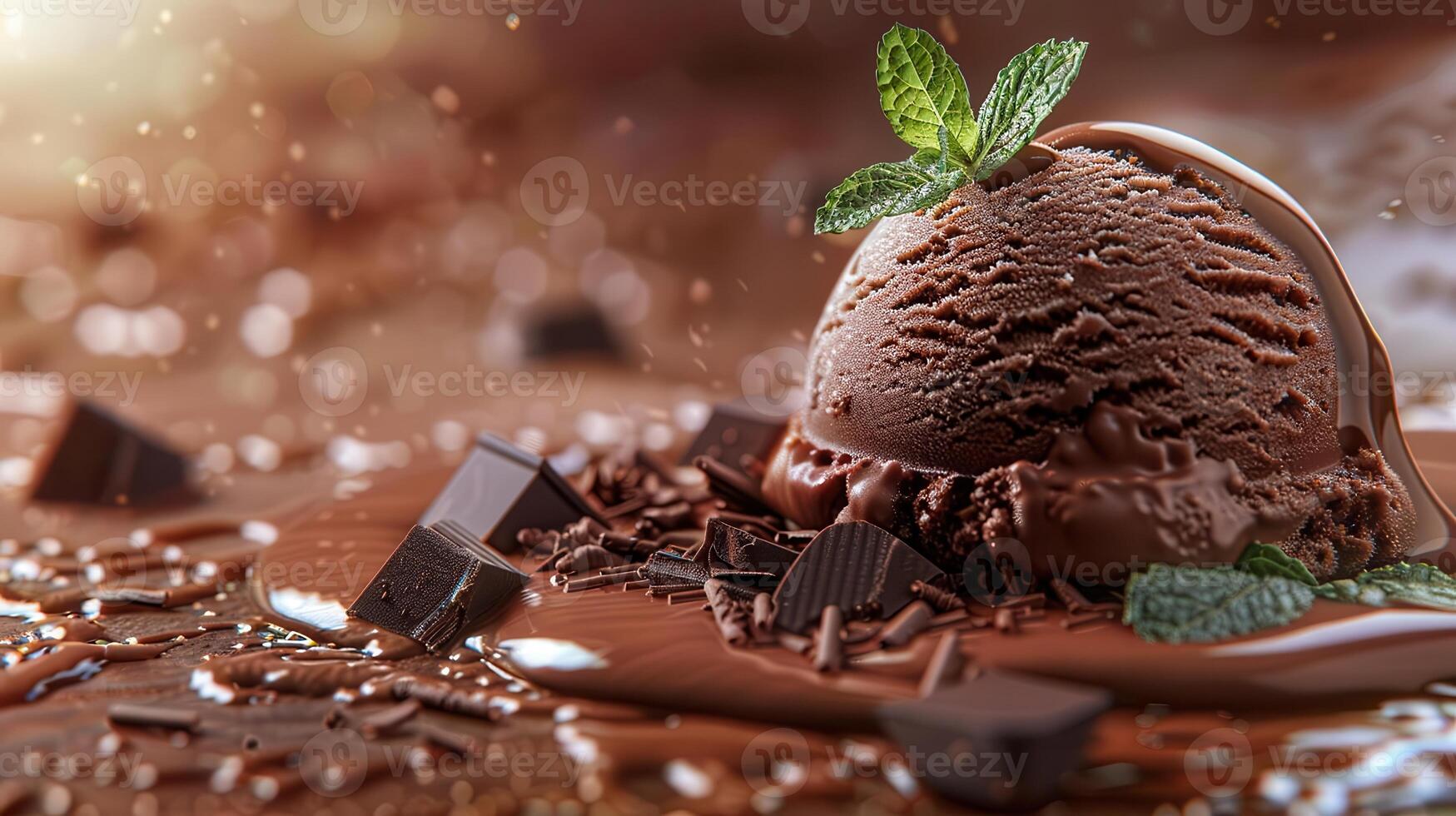 Delicious chocolate ice cream scoop garnished with mint leaf and surrounded by chocolate pieces on a rich, melted chocolate background. photo