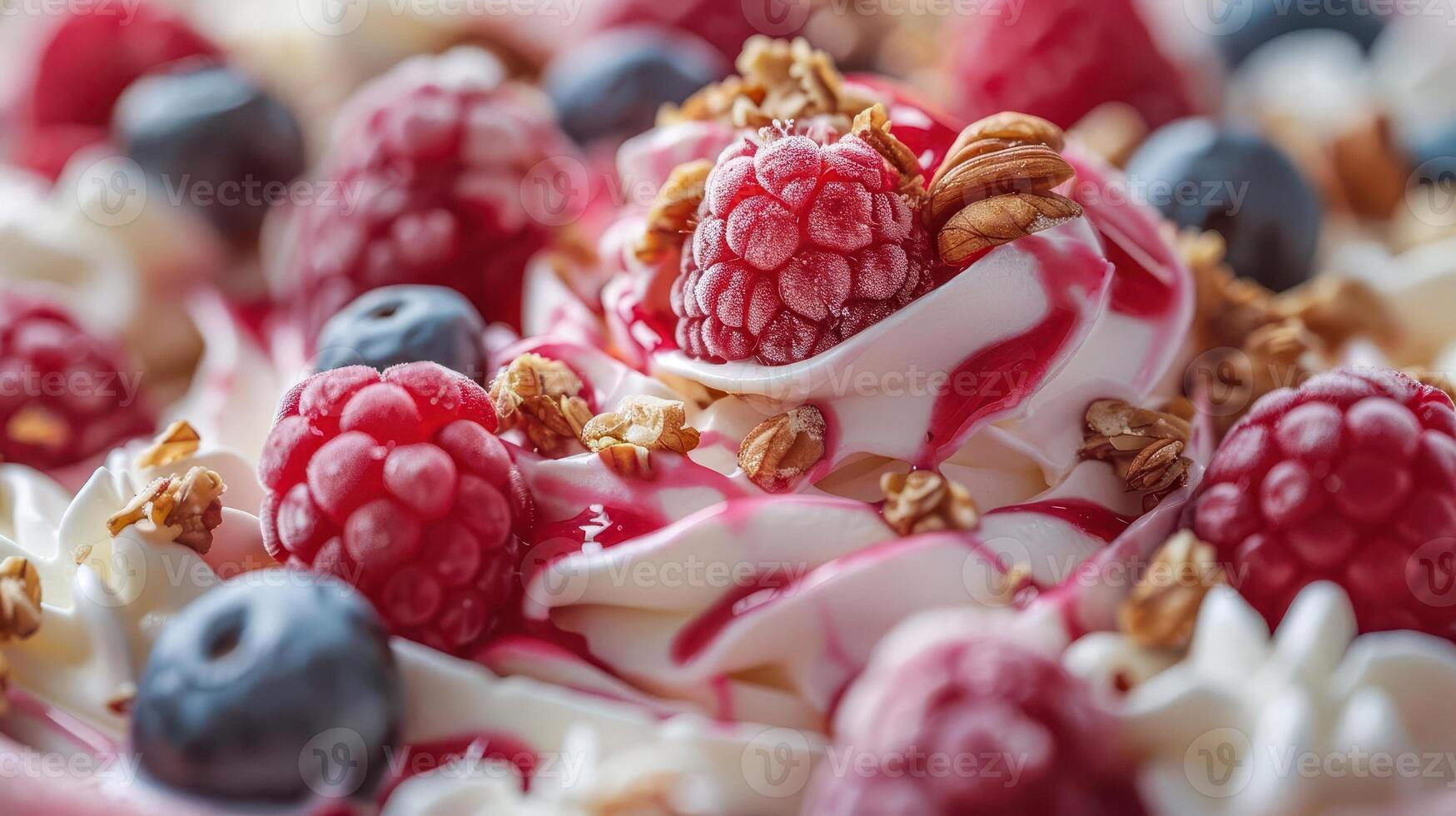 Delicious dessert with whipped cream, fresh raspberries, blueberries, and crunchy granola, perfect for summer indulgence. photo