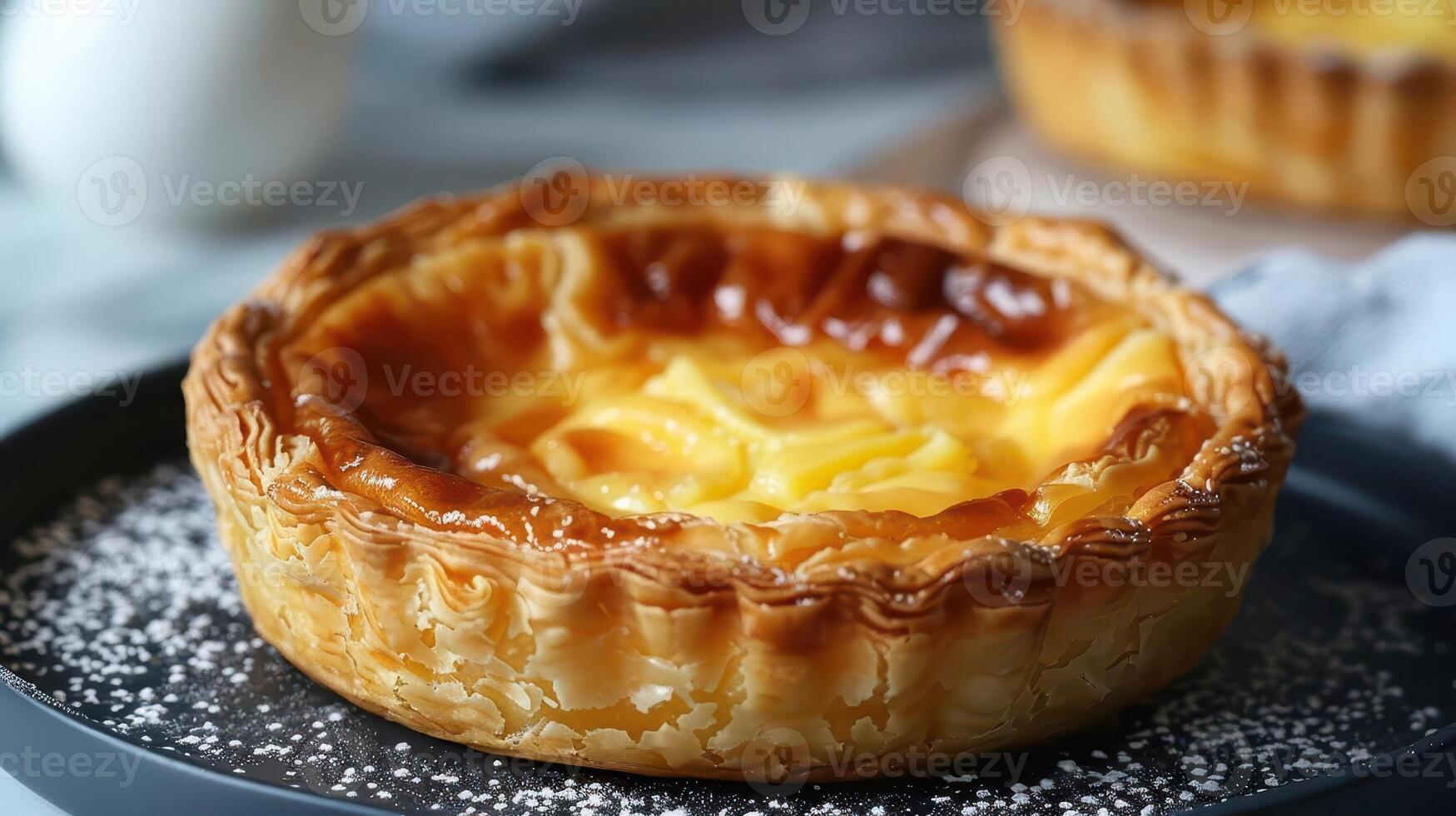 Delicious custard tart with a golden crust and creamy filling, perfect for desserts or snacks, beautifully presented on a plate. photo