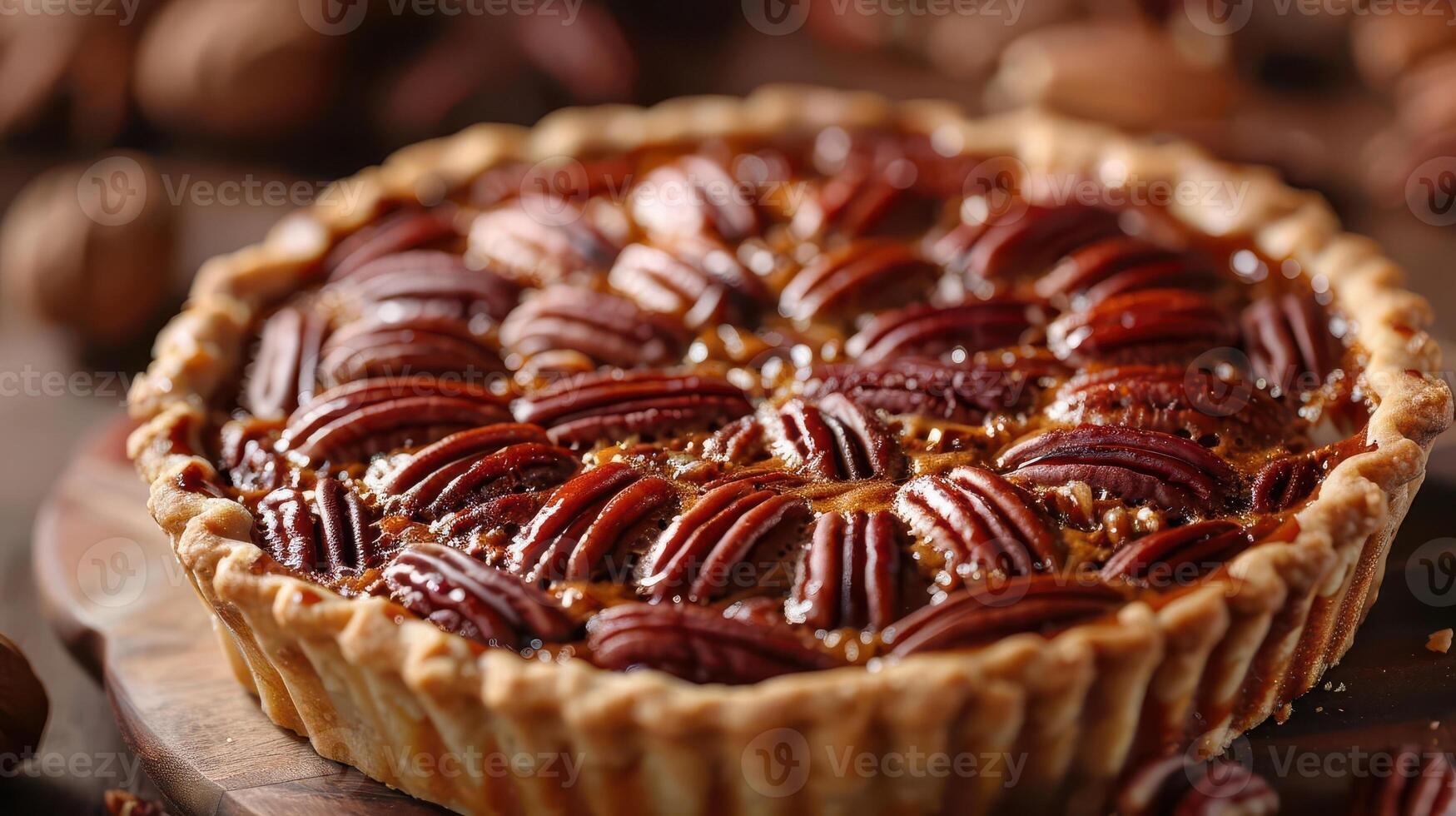 A delicious pecan pie topped with golden brown pecans resting on a rustic wooden table, perfect for festive celebrations. photo