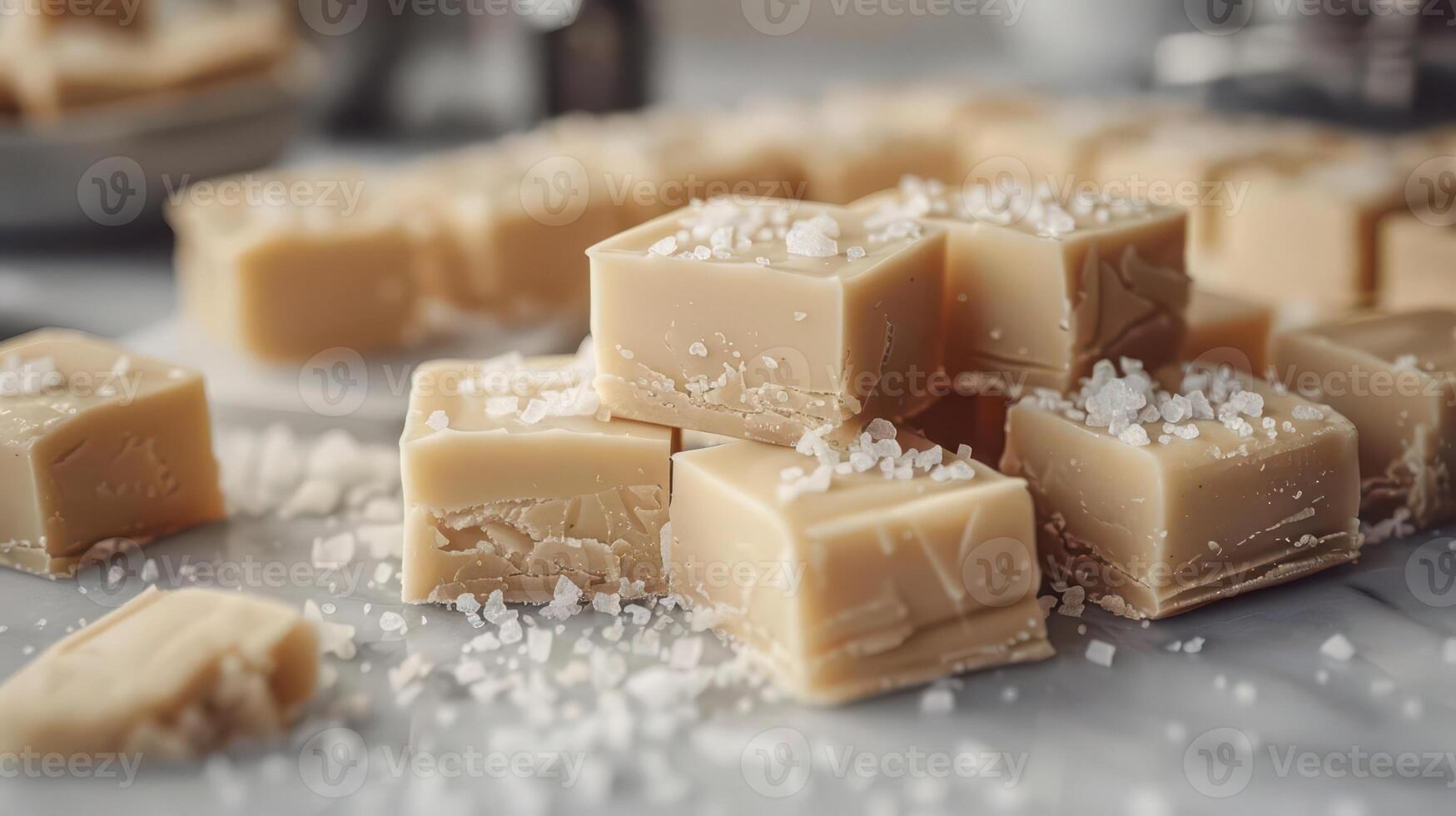 Delicious sea salt fudge pieces arranged on a marble surface, showcasing their creamy texture and sweet allure. photo