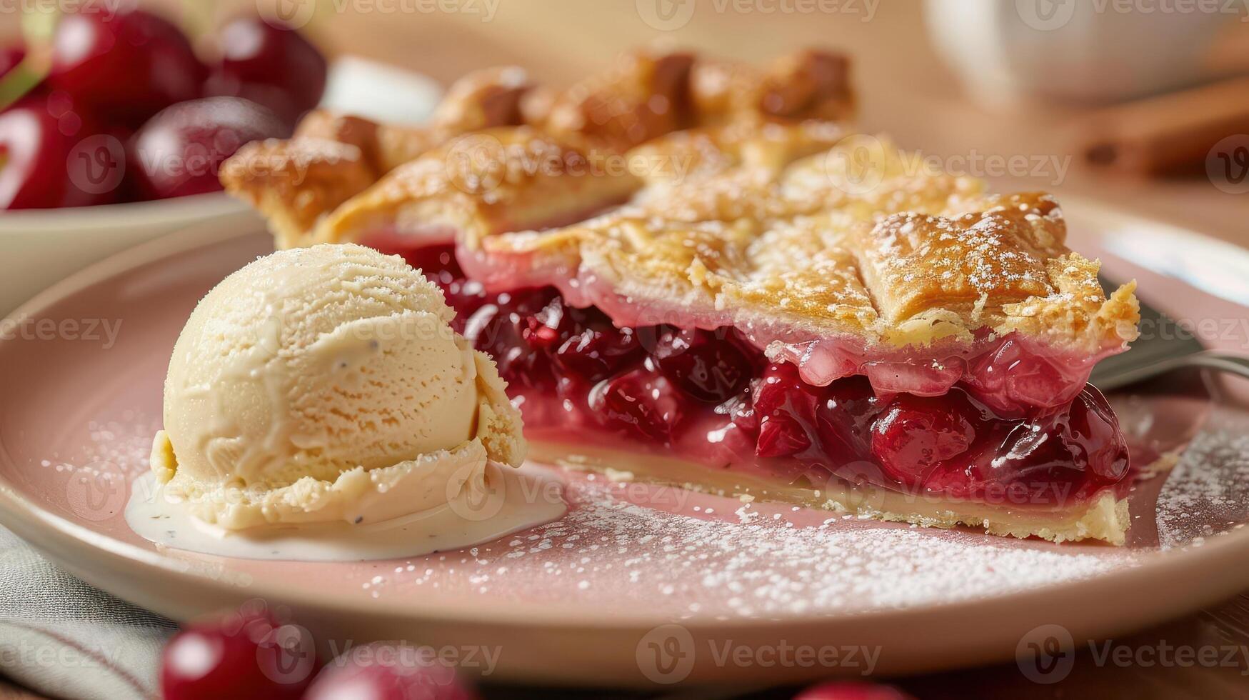 Delicious cherry pie slice served with creamy vanilla ice cream, garnished with powdered sugar and fresh cherries. photo