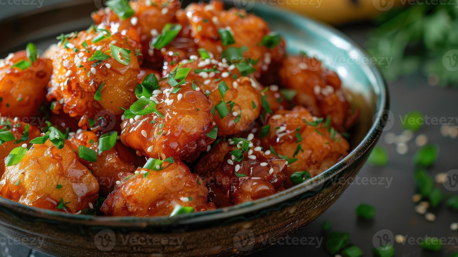 Delicious orange chicken dish garnished with sesame seeds and fresh herbs, served in an elegant bowl. Perfect for food photography. photo