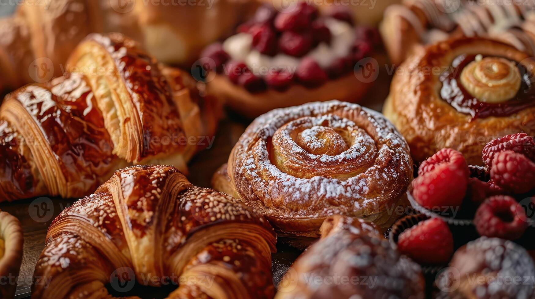 A tempting assortment of fresh pastries, featuring croissants, cinnamon rolls, and raspberries, perfect for any bakery display. photo