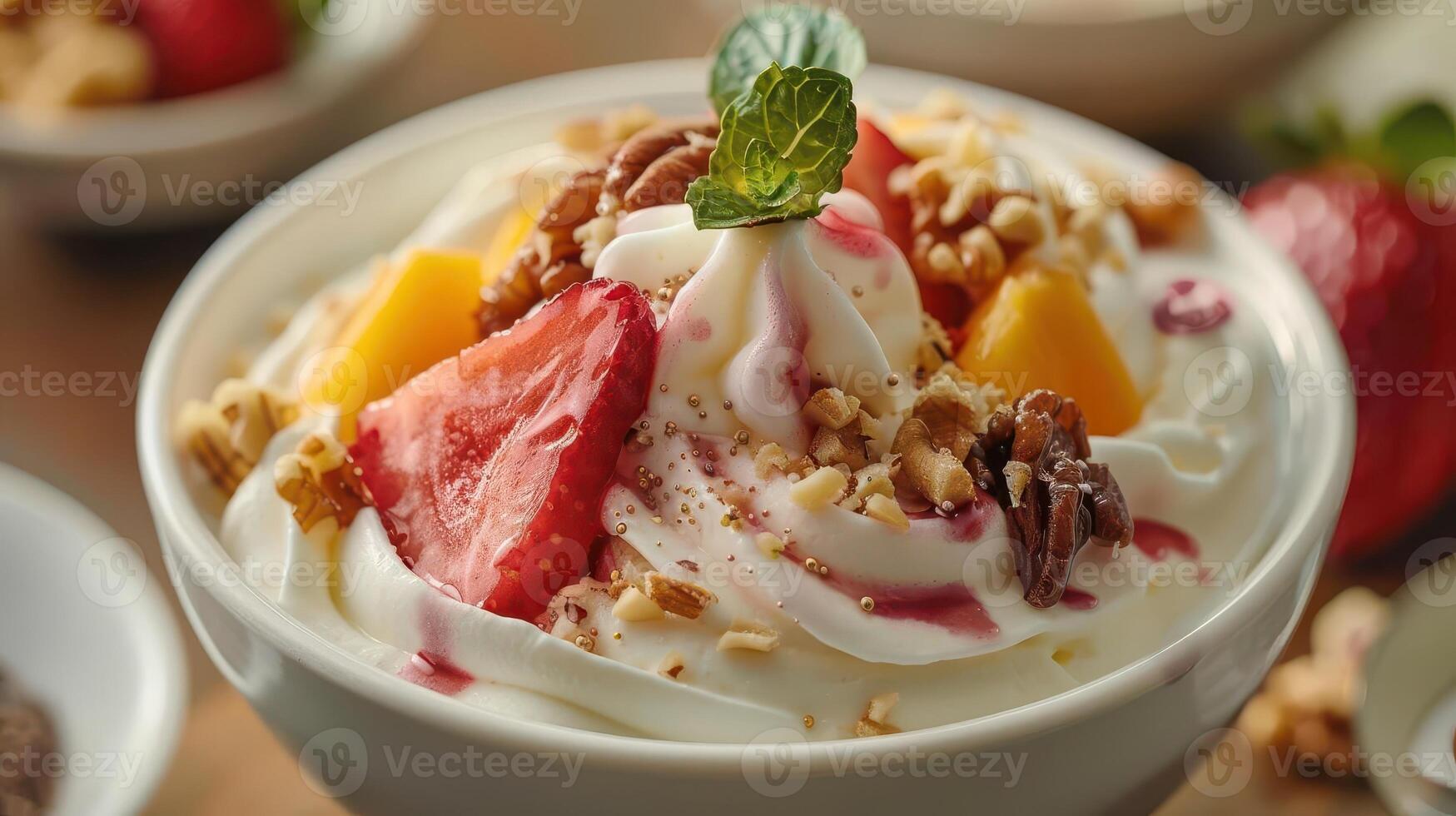 Delicious dessert featuring creamy yogurt topped with fresh fruits, nuts, and a mint leaf for a refreshing taste. photo